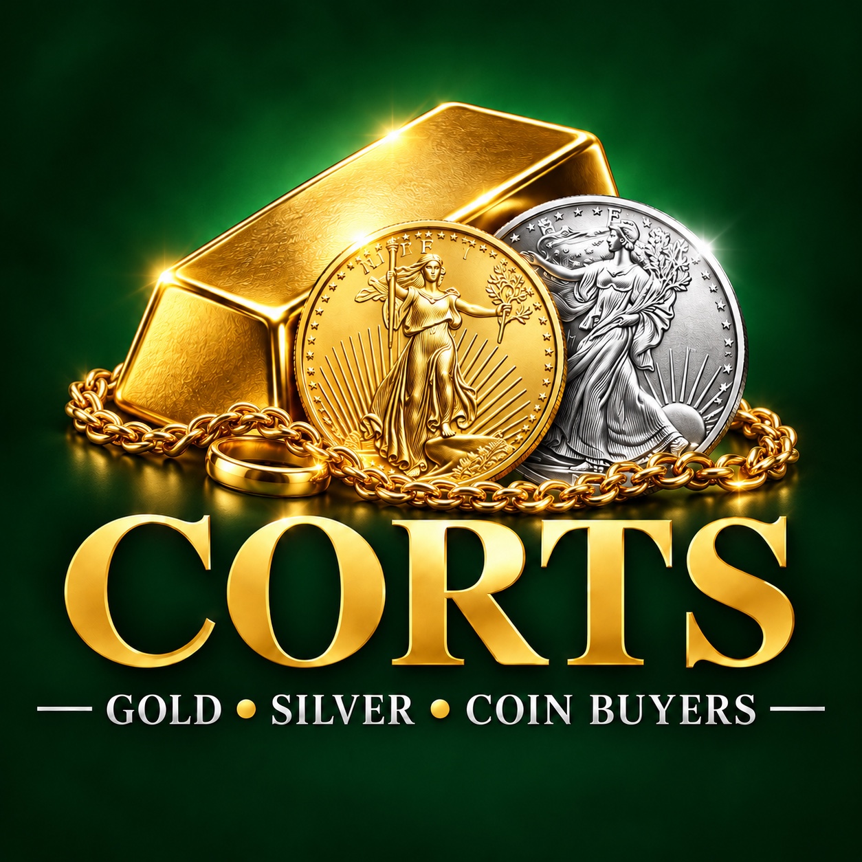 Corts Gold, Silver, and Coin Buyers logo with gold bullion, jewelry and coins